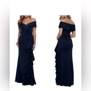 Xscape women’s LONG SCUBA CREPE OFF THE SHOULDER DRESS NWT
